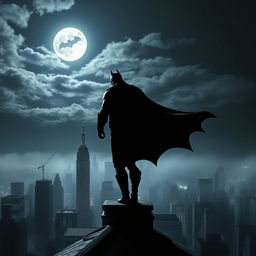 A dark and mysterious Batman standing on a rooftop overlooking a Gotham City skyline at night