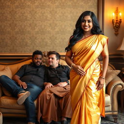 An Indian curvy woman standing gracefully, wearing an exquisite golden saree paired with a matching golden blouse that shimmers under soft lighting