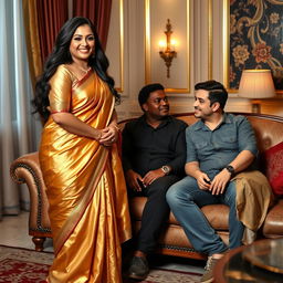 An Indian curvy woman standing gracefully, wearing an exquisite golden saree paired with a matching golden blouse that shimmers under soft lighting