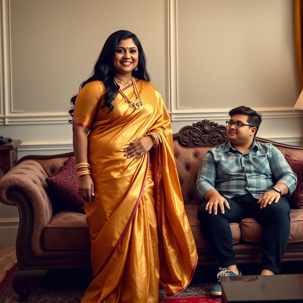 An Indian curvy woman standing gracefully, wearing an exquisite golden saree paired with a matching golden blouse that shimmers under soft lighting