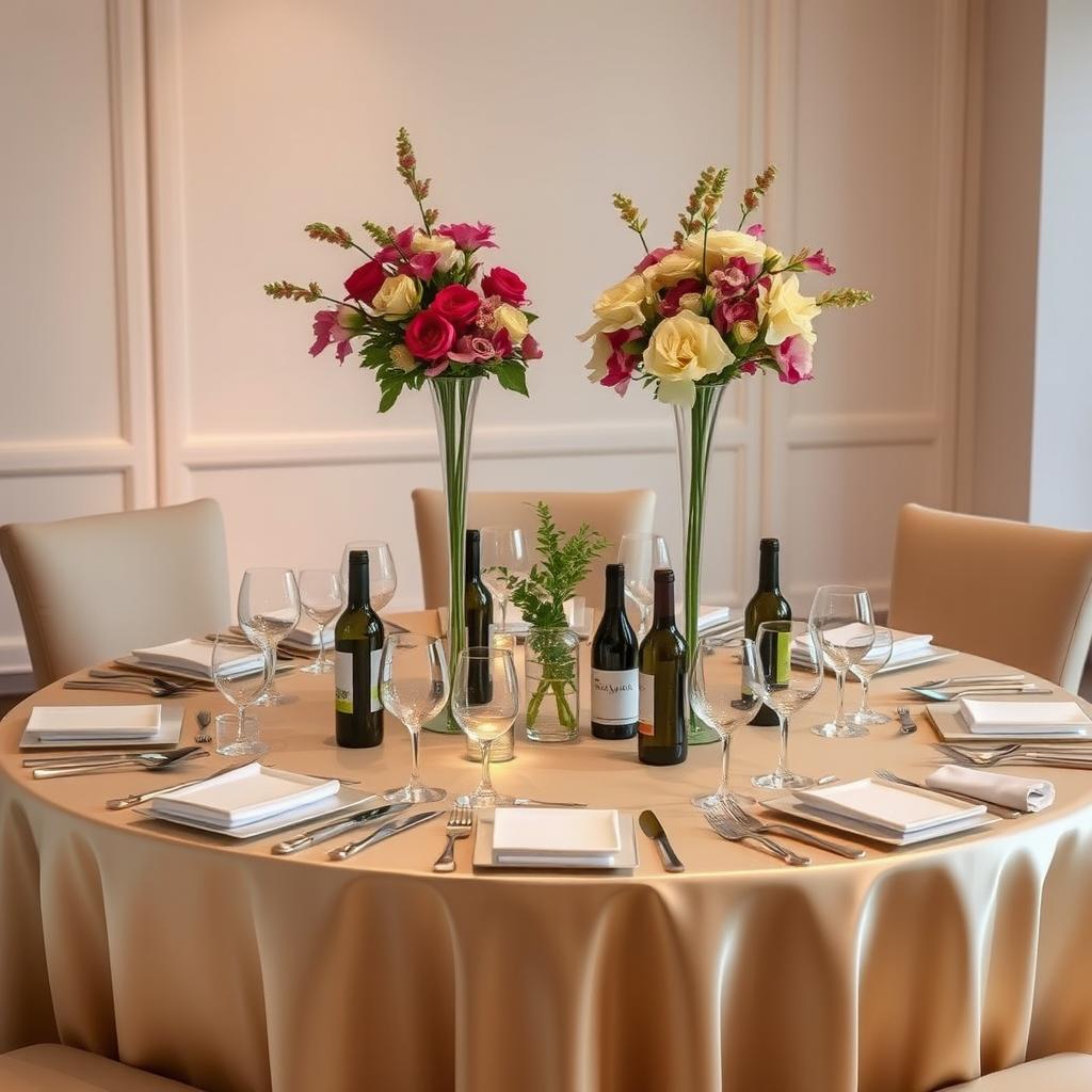 A beautifully set dining table without any bottles, featuring elegant place settings with fine china, sparkling silverware, and tall, vibrant centerpieces made of fresh flowers