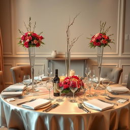 A beautifully set dining table without any bottles, featuring elegant place settings with fine china, sparkling silverware, and tall, vibrant centerpieces made of fresh flowers