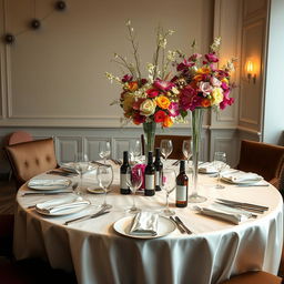 A beautifully set dining table without any bottles, featuring elegant place settings with fine china, sparkling silverware, and tall, vibrant centerpieces made of fresh flowers