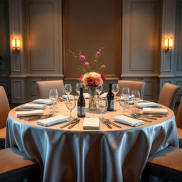 A beautifully set dining table without any bottles, featuring elegant place settings with fine china, sparkling silverware, and tall, vibrant centerpieces made of fresh flowers