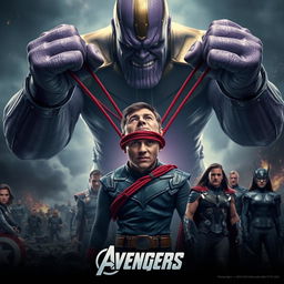 A dramatic movie poster featuring a powerful and intimidating Thanos, towering large and menacing with glowing purple skin and iconic armor, controlling a helpless Loki through thick, red wires that bind him, showcasing visible bruises on Loki’s physical form