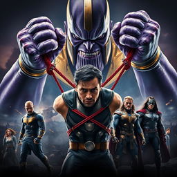 A dramatic movie poster featuring a powerful and intimidating Thanos, towering large and menacing with glowing purple skin and iconic armor, controlling a helpless Loki through thick, red wires that bind him, showcasing visible bruises on Loki’s physical form