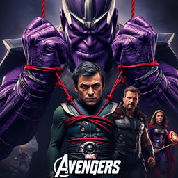 A dramatic movie poster featuring a powerful and intimidating Thanos, towering large and menacing with glowing purple skin and iconic armor, controlling a helpless Loki through thick, red wires that bind him, showcasing visible bruises on Loki’s physical form