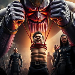 A dramatic movie poster featuring a powerful and intimidating Thanos, towering large and menacing with glowing purple skin and iconic armor, controlling a helpless Loki through thick, red wires that bind him, showcasing visible bruises on Loki’s physical form