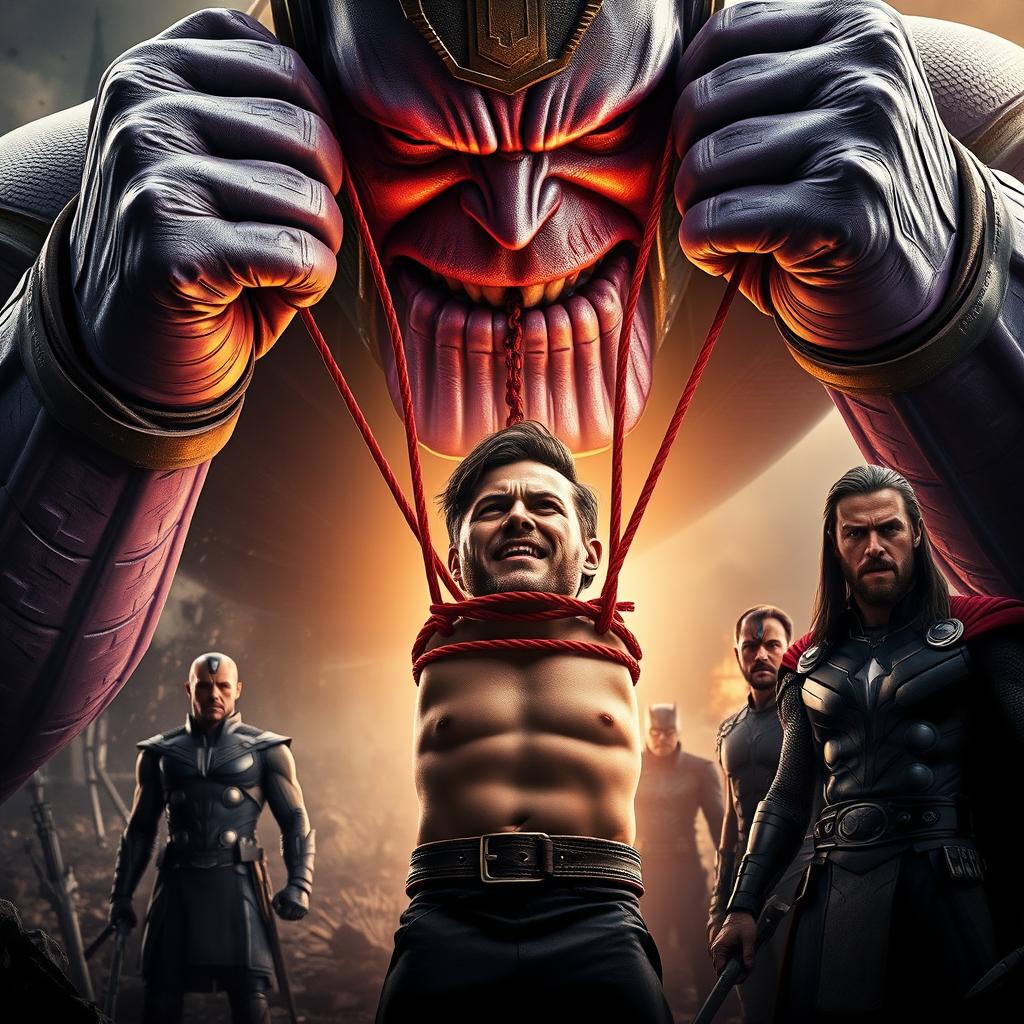 A dramatic movie poster featuring a powerful and intimidating Thanos, towering large and menacing with glowing purple skin and iconic armor, controlling a helpless Loki through thick, red wires that bind him, showcasing visible bruises on Loki’s physical form