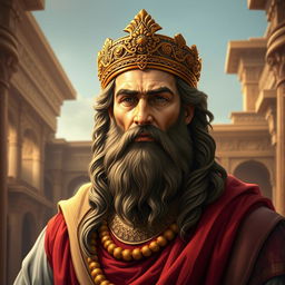 A majestic and regal portrait of Cyrus the Great, the founder of the Achaemenid Empire, depicted in traditional Persian attire