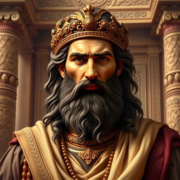 A majestic and regal portrait of Cyrus the Great, the founder of the Achaemenid Empire, depicted in traditional Persian attire