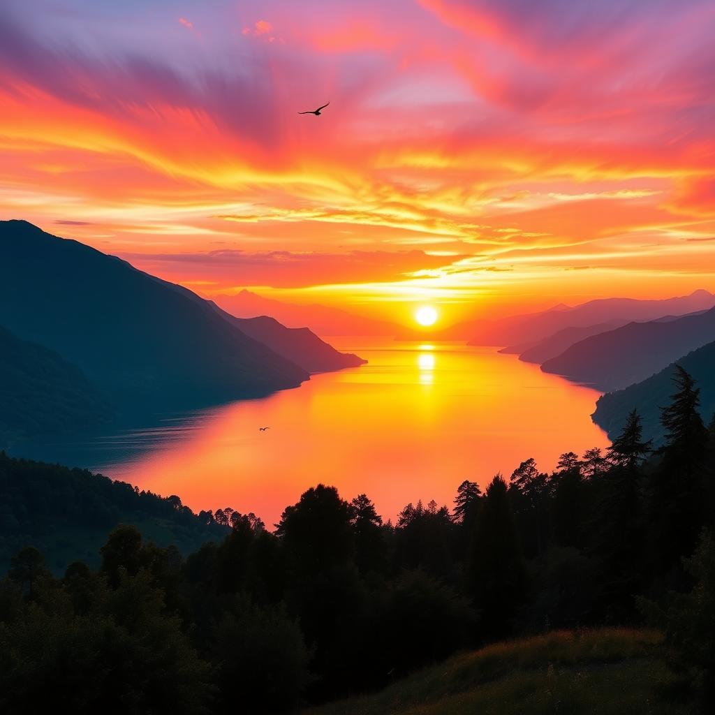 A stunning landscape image featuring a vibrant sunset over a serene lake, surrounded by lush green mountains