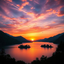 A stunning landscape image featuring a vibrant sunset over a serene lake, surrounded by lush green mountains
