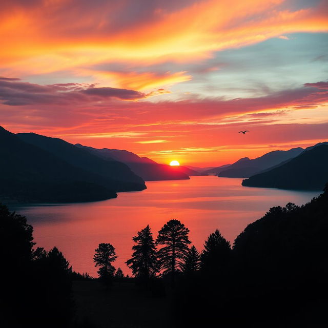 A stunning landscape image featuring a vibrant sunset over a serene lake, surrounded by lush green mountains