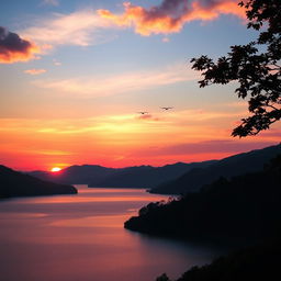 A stunning landscape image featuring a vibrant sunset over a serene lake, surrounded by lush green mountains