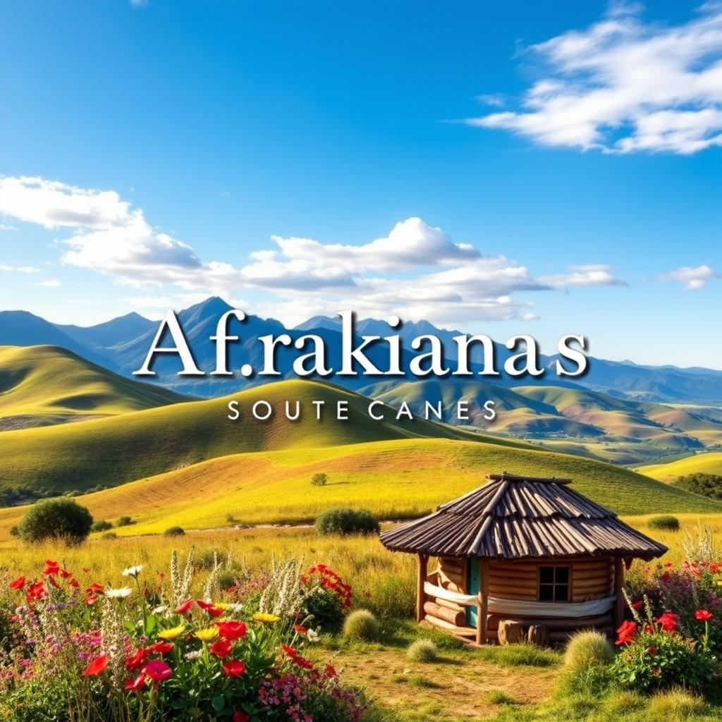 A vibrant and visually captivating cover page for an Afrikaans book, featuring a stunning landscape of South Africa with rolling hills, a bright blue sky, and patches of colorful wildflowers