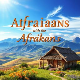 A vibrant and visually captivating cover page for an Afrikaans book, featuring a stunning landscape of South Africa with rolling hills, a bright blue sky, and patches of colorful wildflowers