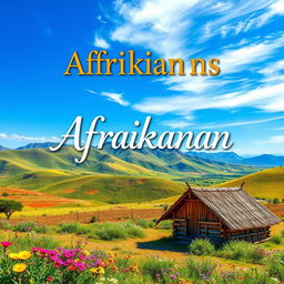 A vibrant and visually captivating cover page for an Afrikaans book, featuring a stunning landscape of South Africa with rolling hills, a bright blue sky, and patches of colorful wildflowers