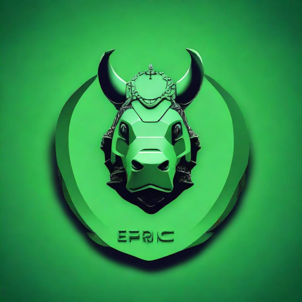 A striking digital art image depicting an emblematic crest with a robotic rhinoceros and the text 'EPIC' integrated into the design