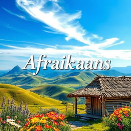 A vibrant and visually captivating cover page for an Afrikaans book, featuring a stunning landscape of South Africa with rolling hills, a bright blue sky, and patches of colorful wildflowers