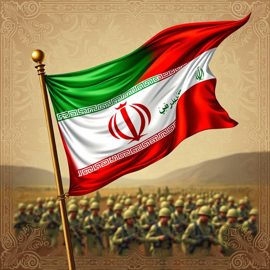 A detailed illustration of an Iranian army banner, prominently featuring the national colors of red, white, and green