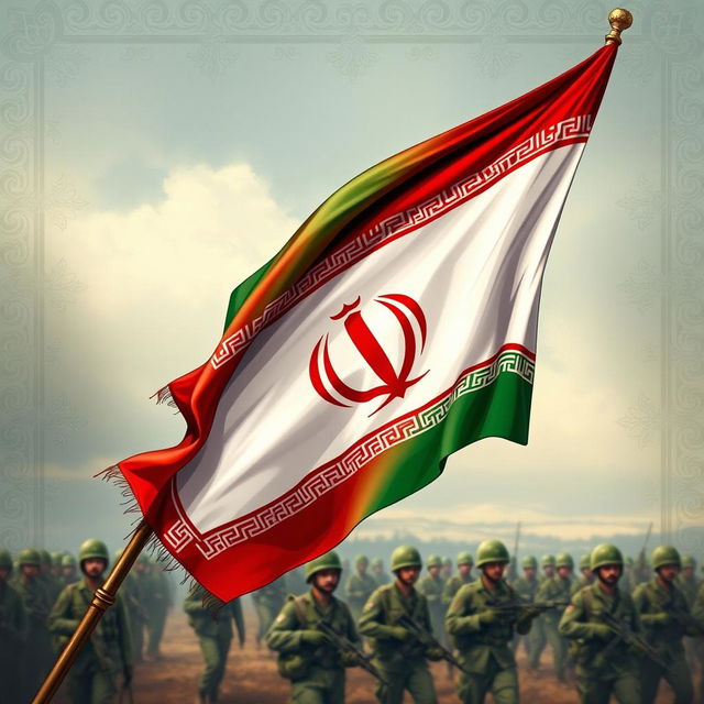 A detailed illustration of an Iranian army banner, prominently featuring the national colors of red, white, and green