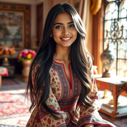 A captivating portrait of a young woman named Haida with long flowing black hair, wearing a traditional Persian dress that features intricate patterns and vibrant colors