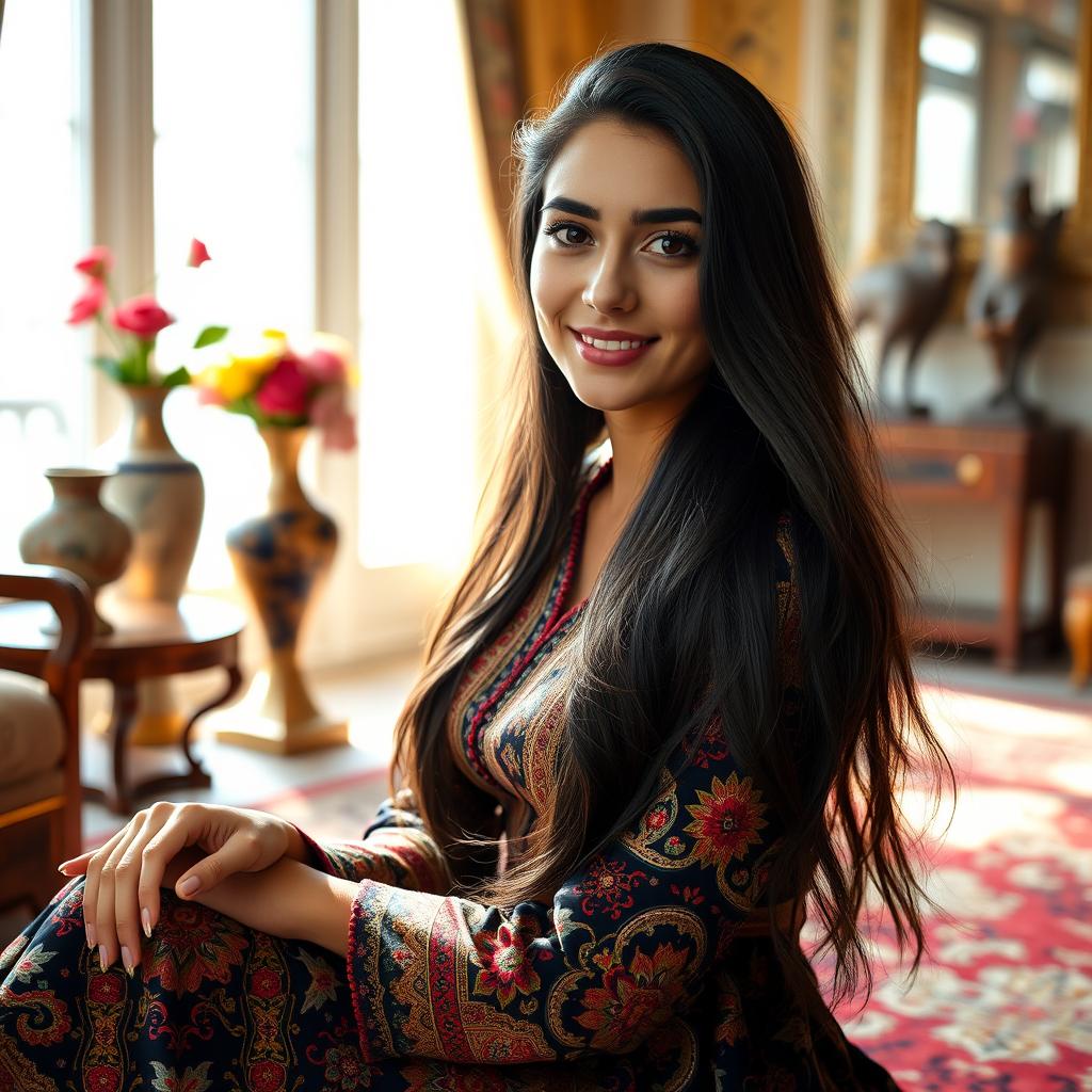 A captivating portrait of a young woman named Haida with long flowing black hair, wearing a traditional Persian dress that features intricate patterns and vibrant colors