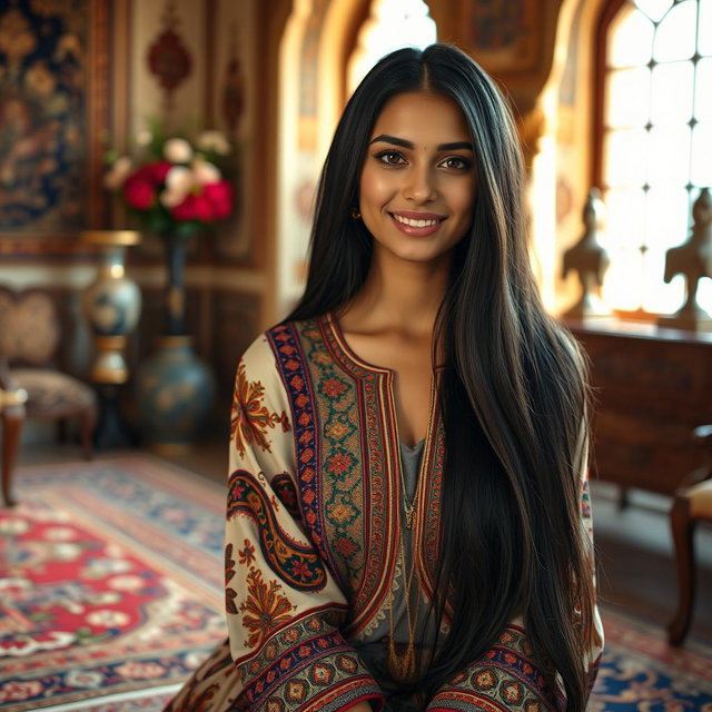 A captivating portrait of a young woman named Haida with long flowing black hair, wearing a traditional Persian dress that features intricate patterns and vibrant colors
