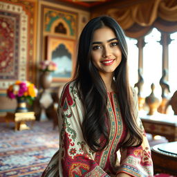 A captivating portrait of a young woman named Haida with long flowing black hair, wearing a traditional Persian dress that features intricate patterns and vibrant colors