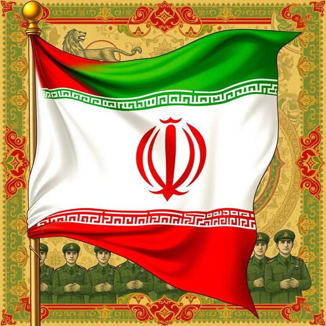 A vibrant and detailed illustration of an Iranian army banner, prominently displaying the national colors: red, white, and green