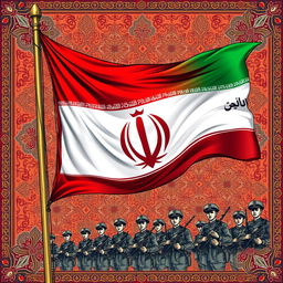 A vibrant and detailed illustration of an Iranian army banner, prominently displaying the national colors: red, white, and green