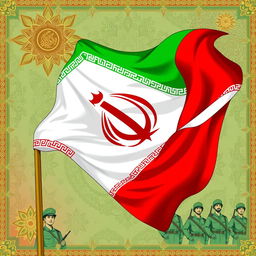 A vibrant and detailed illustration of an Iranian army banner, prominently displaying the national colors: red, white, and green