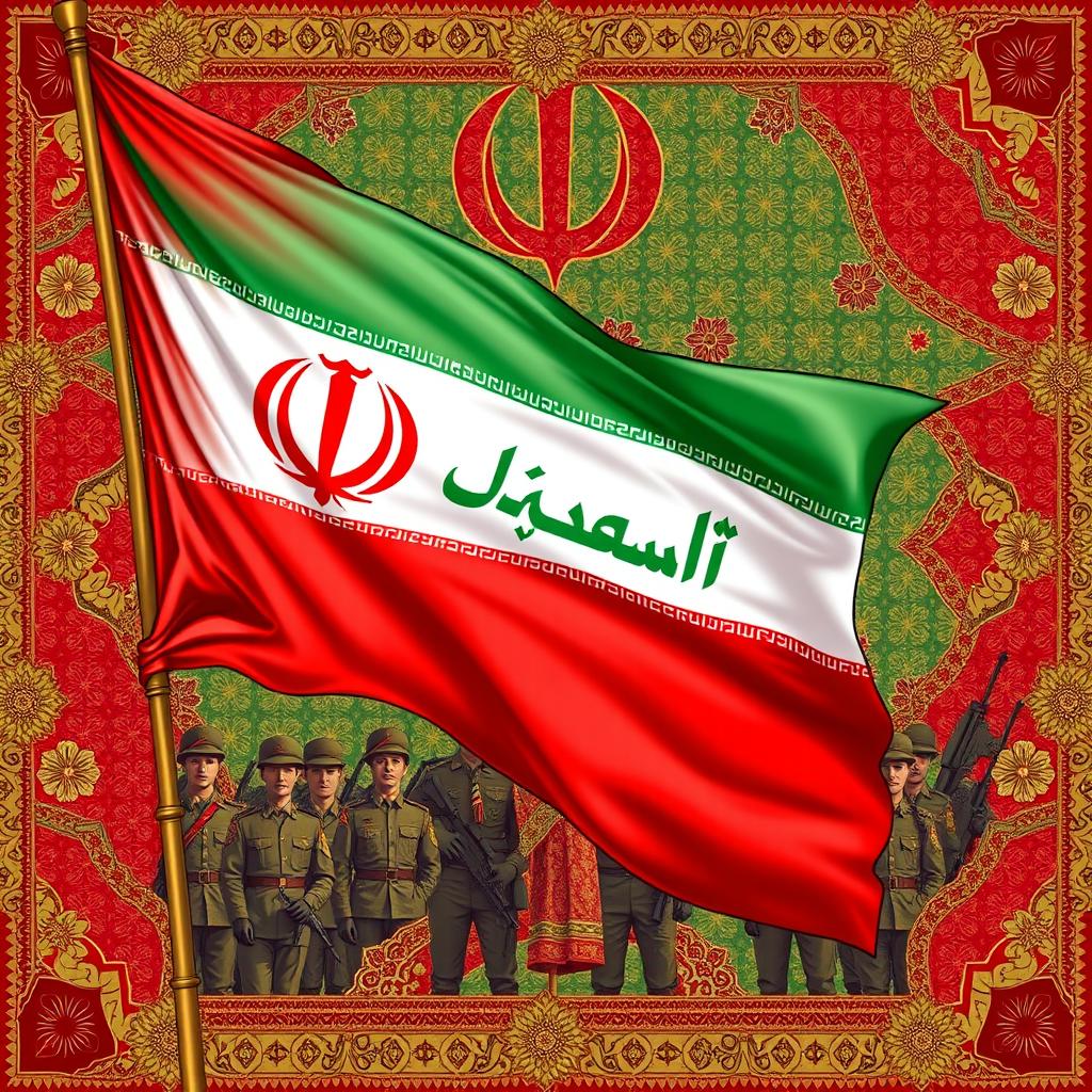 A vibrant and detailed illustration of an Iranian army banner, prominently displaying the national colors: red, white, and green