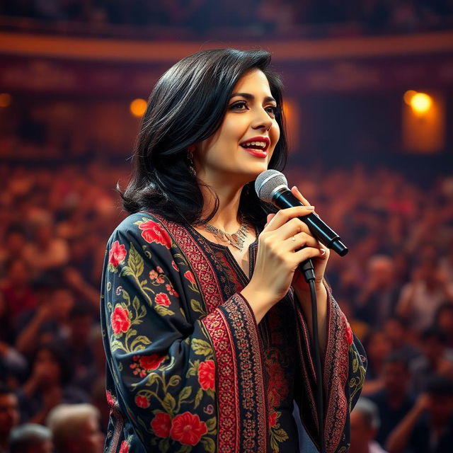 A striking portrait of Haideh, the renowned Iranian singer, captured in a vibrant stage setting