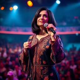 A striking portrait of Haideh, the renowned Iranian singer, captured in a vibrant stage setting