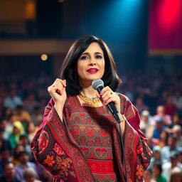 A striking portrait of Haideh, the renowned Iranian singer, captured in a vibrant stage setting