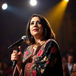 A striking portrait of Haideh, the renowned Iranian singer, captured in a vibrant stage setting