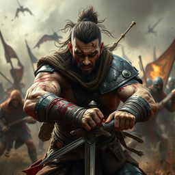 A fierce warrior battling valiantly despite visible wounds