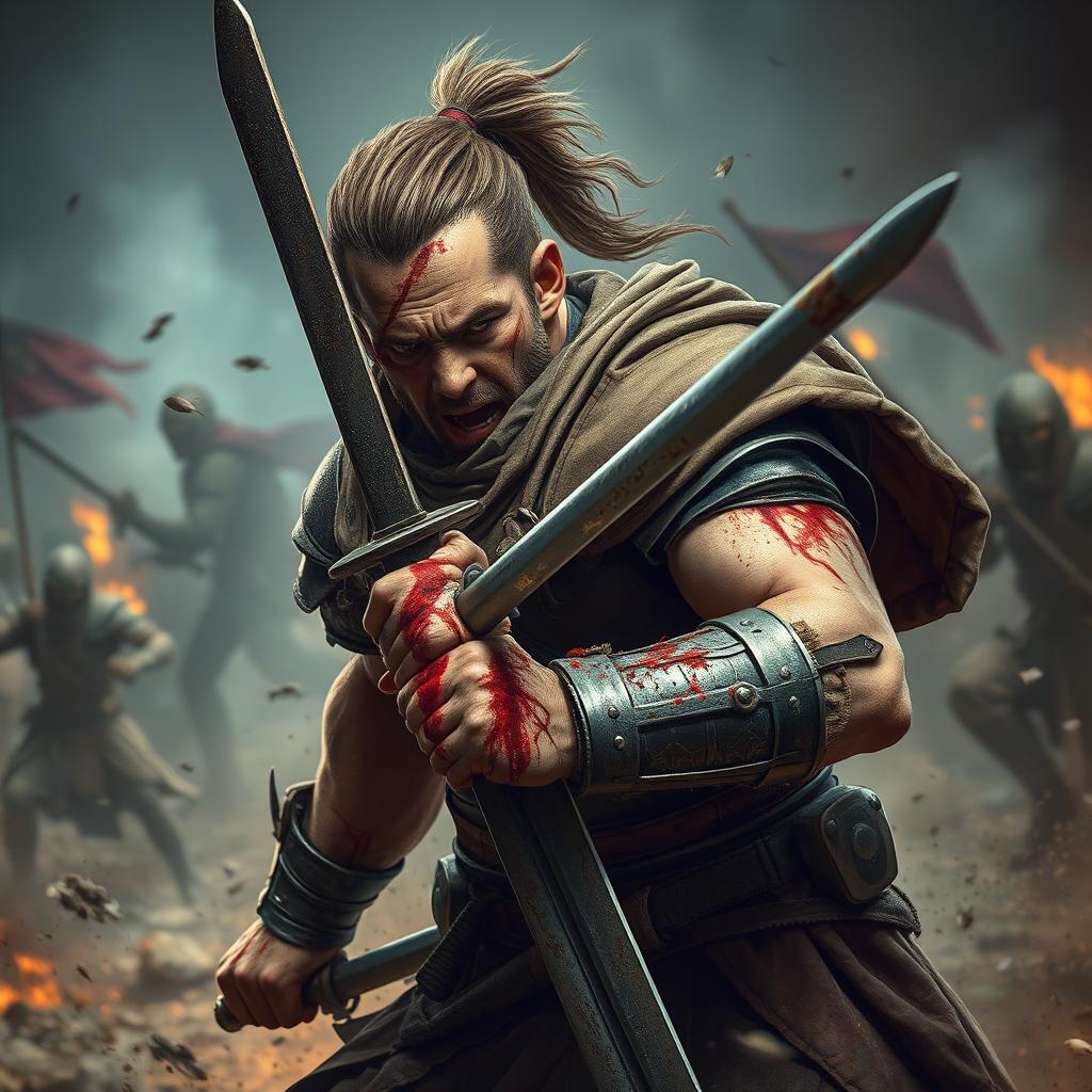 A fierce warrior battling valiantly despite visible wounds