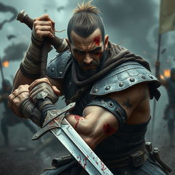 A fierce warrior battling valiantly despite visible wounds