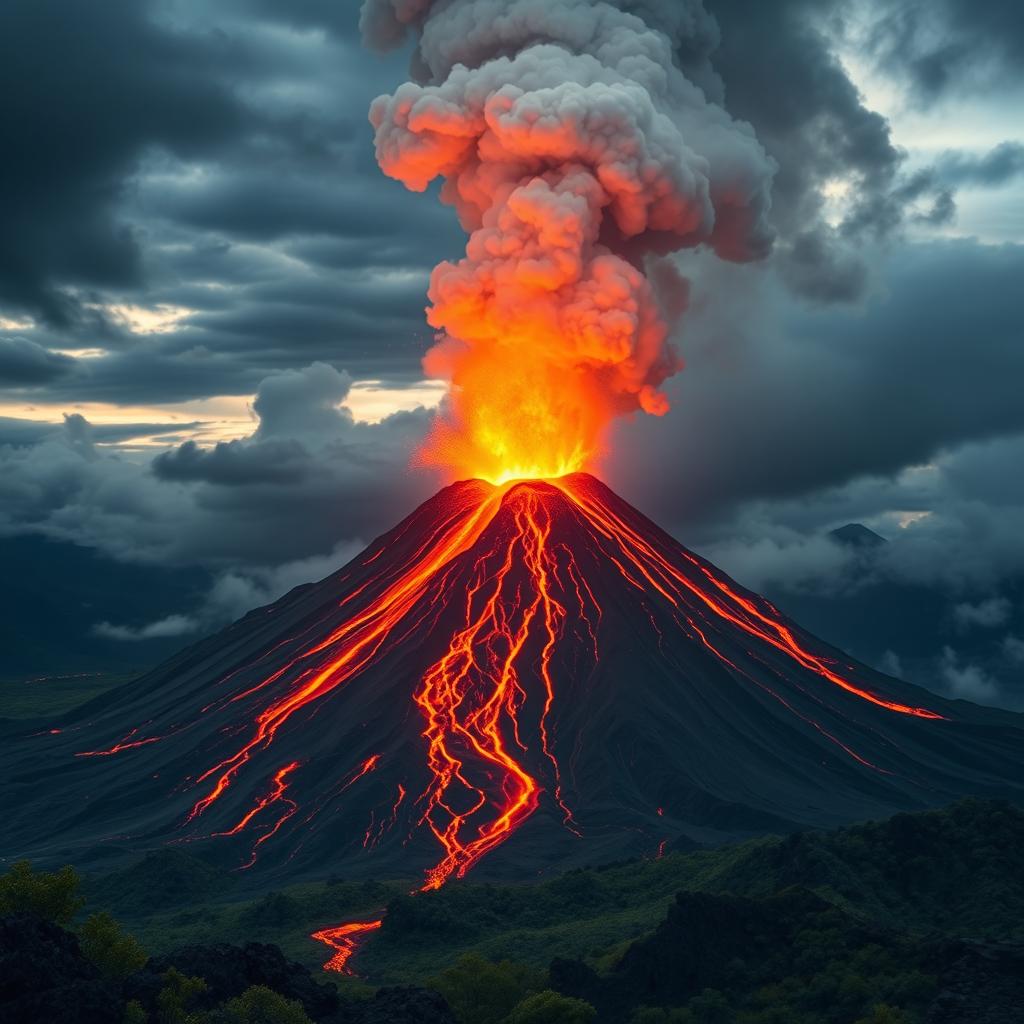 A breathtaking and dynamic image depicting a volcano erupting majestically