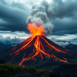A breathtaking and dynamic image depicting a volcano erupting majestically