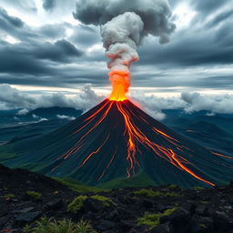 A breathtaking and dynamic image depicting a volcano erupting majestically