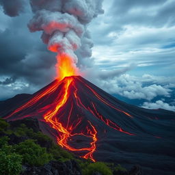 A breathtaking and dynamic image depicting a volcano erupting majestically