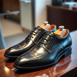 A stylish pair of formal shoes displayed elegantly on a polished wooden surface