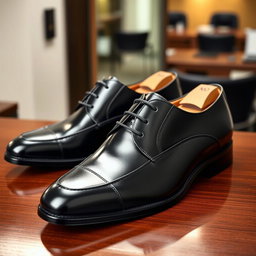 A stylish pair of formal shoes displayed elegantly on a polished wooden surface