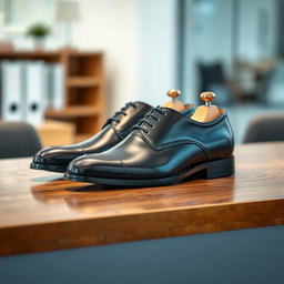 A stylish pair of formal shoes displayed elegantly on a polished wooden surface