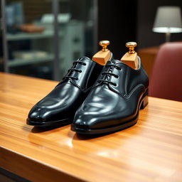 A stylish pair of formal shoes displayed elegantly on a polished wooden surface