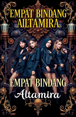 A vibrant and captivating cover design inspired by 'Empat Bintang Altamira' by ANPRA, featuring four cool girls as the main focus